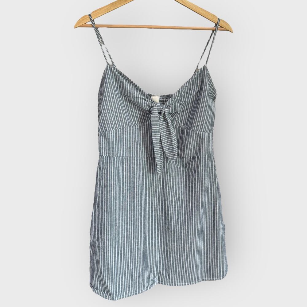 Common Crush Blue Striped Mini Dress Large Tie Front Smocked Back Coastal Cute